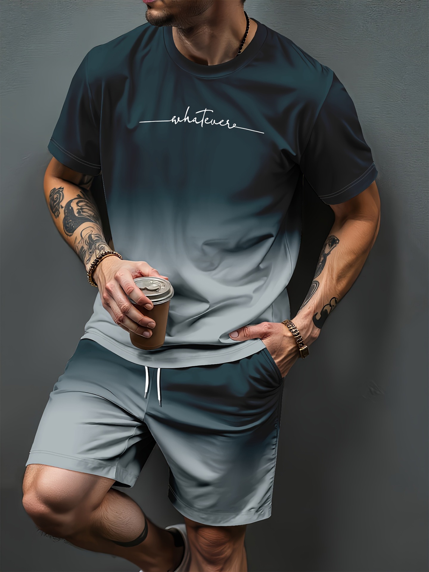 Summer Clothing Styles - Pola Huruf Gradien Cetak 3D Setelan