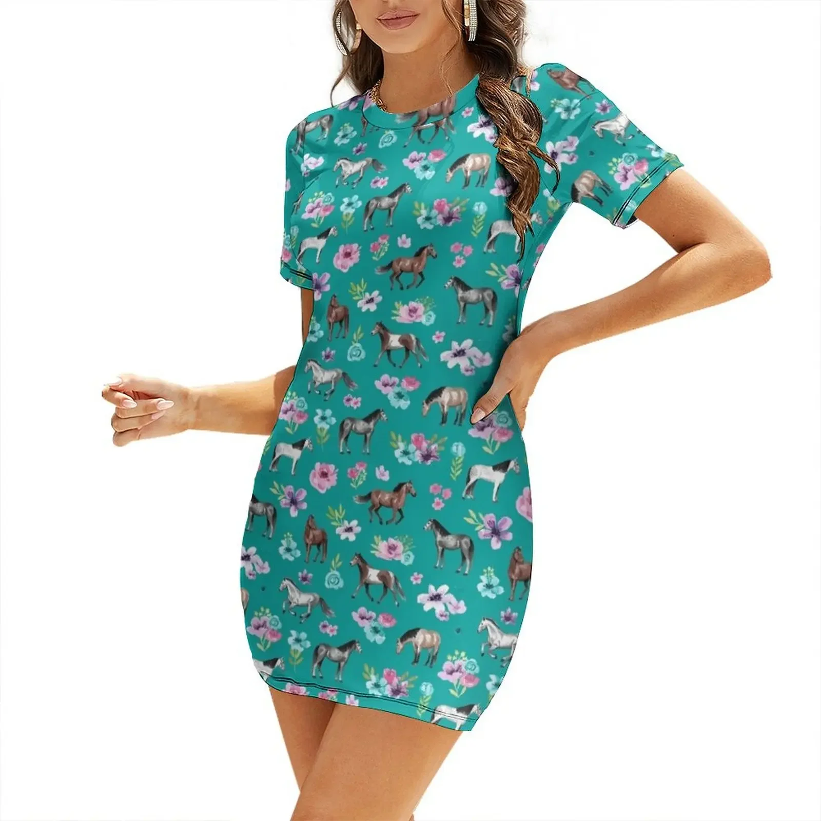 Summer Clothing Online - Kuda dan Bunga dengan Motif Teal,