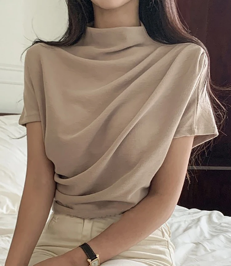 Summer Clothing Drop - Kaus wanita setengah Turtleneck kaus katun