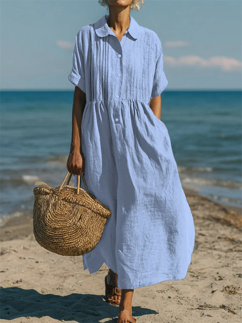 Gaun Linen Katun Warna Solid G - Summer Clothing Stores ulasan dan harga