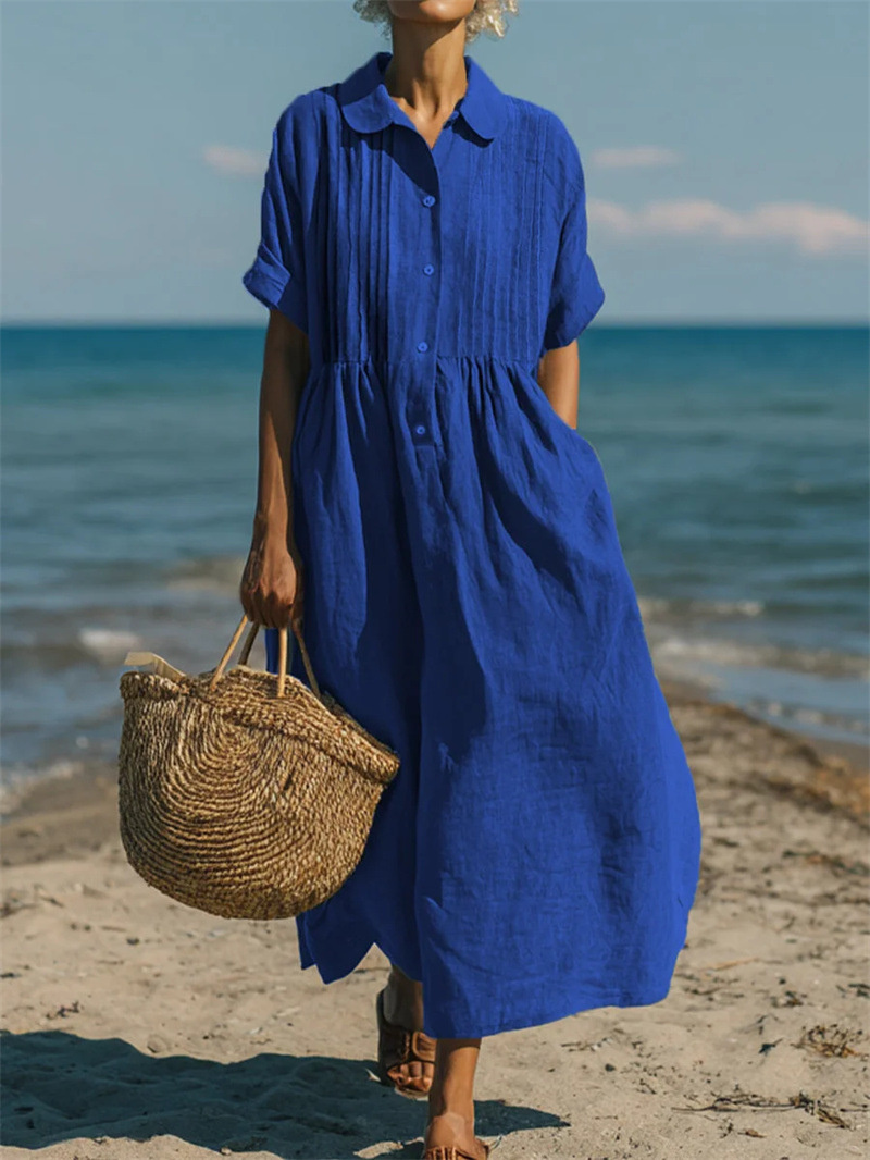 Gaun Linen Katun Warna Solid G - Summer Clothing Stores ulasan dan harga