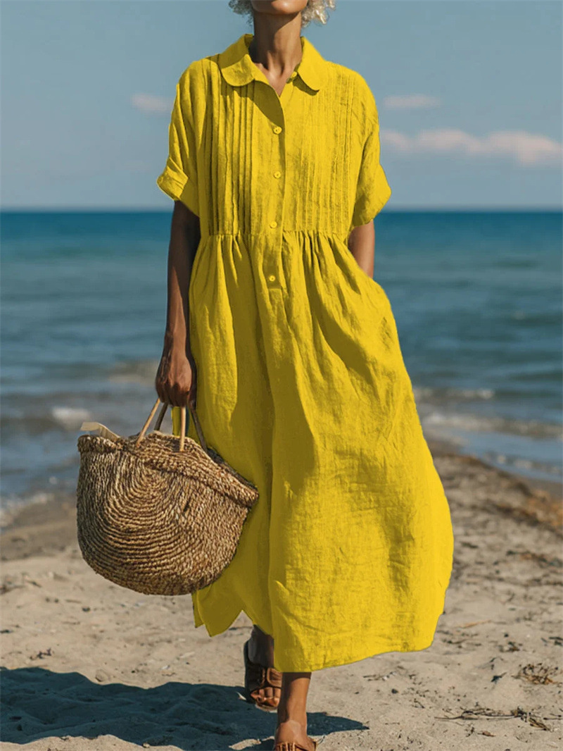 Gaun Linen Katun Warna Solid G - Summer Clothing Stores ulasan dan harga