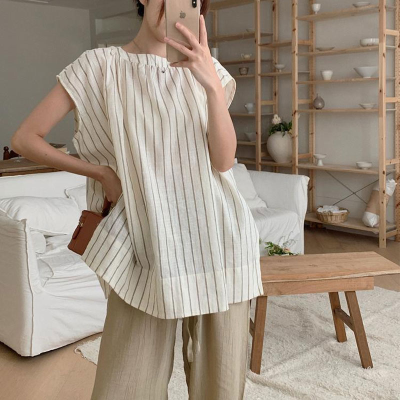 Blus Bergaris Kasual Pakaian W - Summer Clothing Drop ulasan dan harga